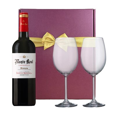Monte Real Tempranillo 75cl Red Wine And Bohemia Glasses In A Gift Box